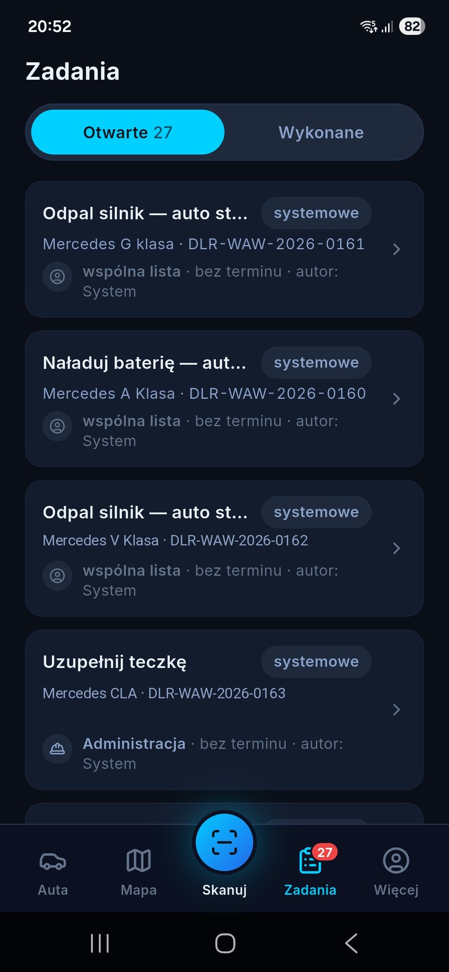 Lista zadań przypisanych do pojazdów w aplikacji FLOTT